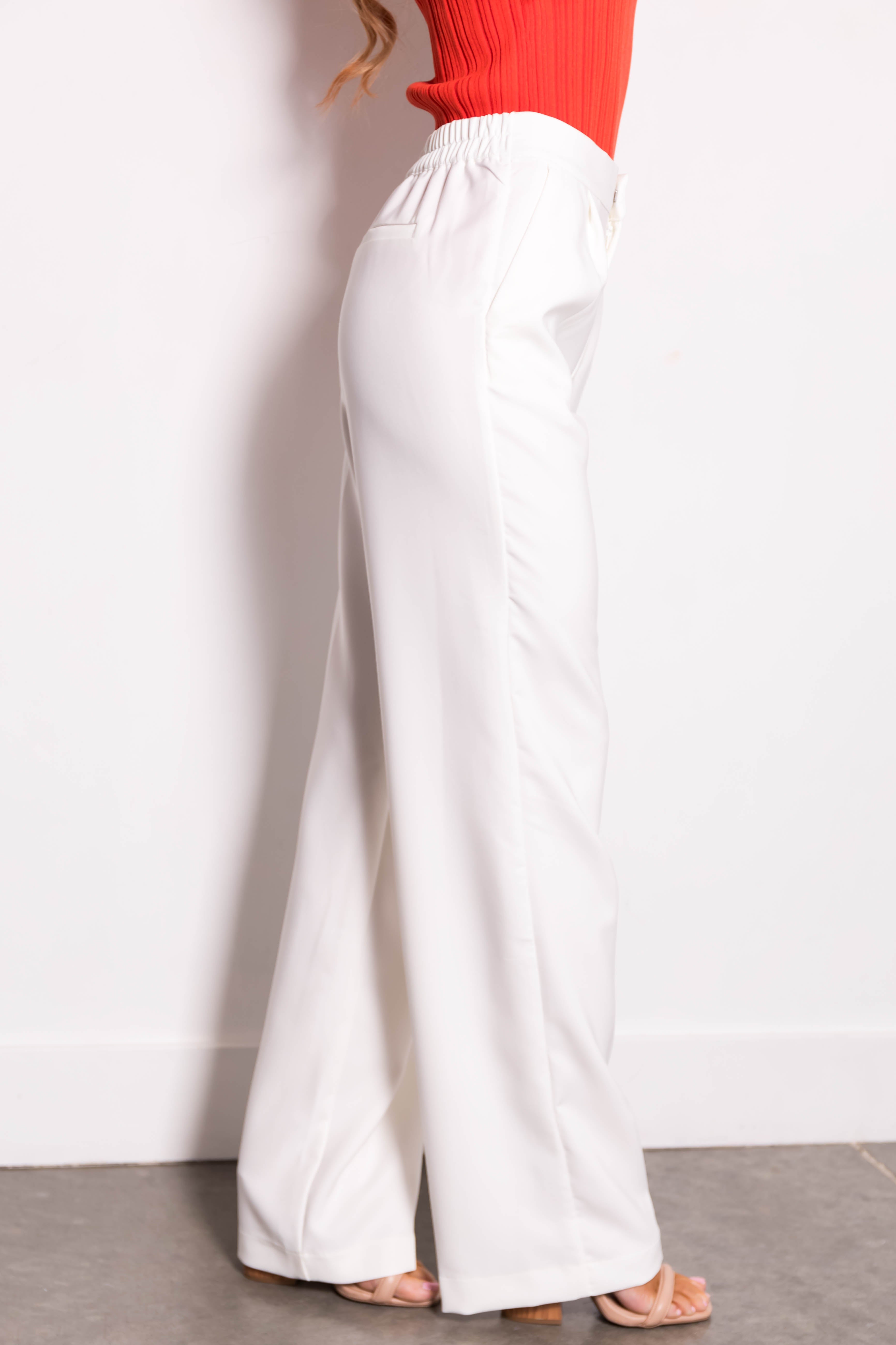 Off White Wide Leg Elastic Waist Woven Pants