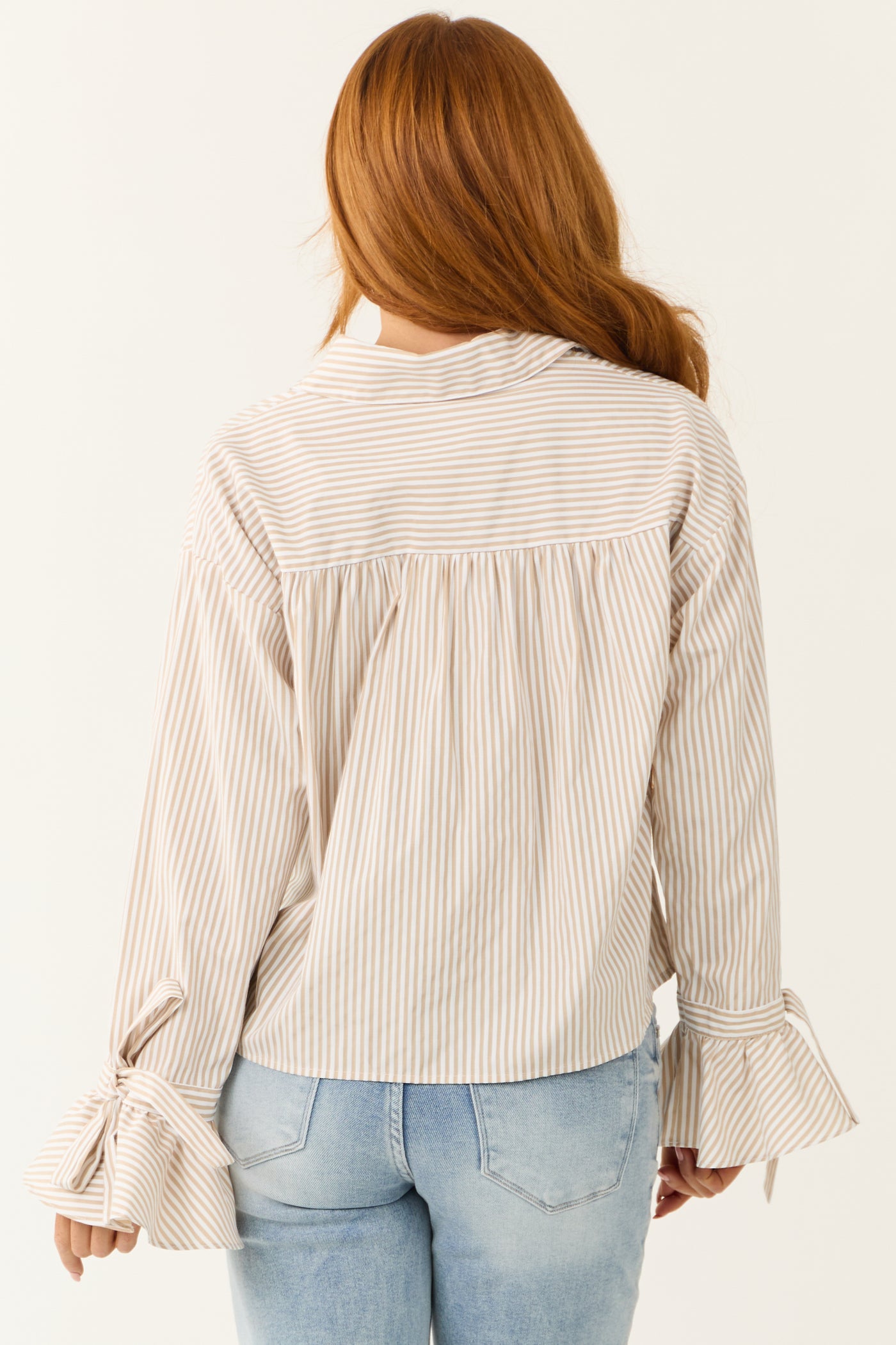 Off White and Beige Striped Button Down Top