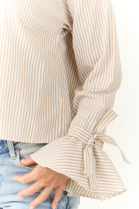 Off White and Beige Striped Button Down Top