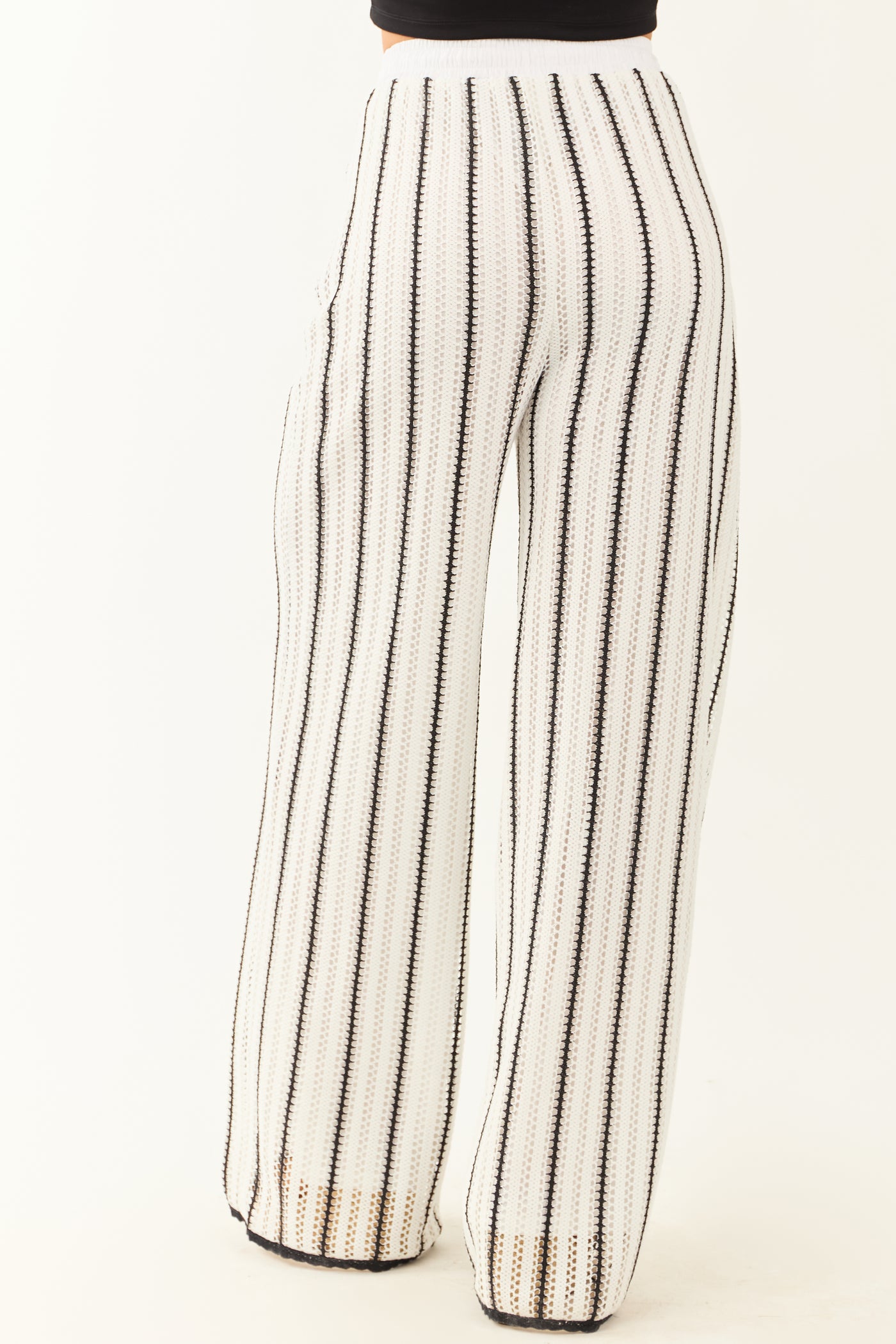 Off White and Black Striped Crochet Knit Pants