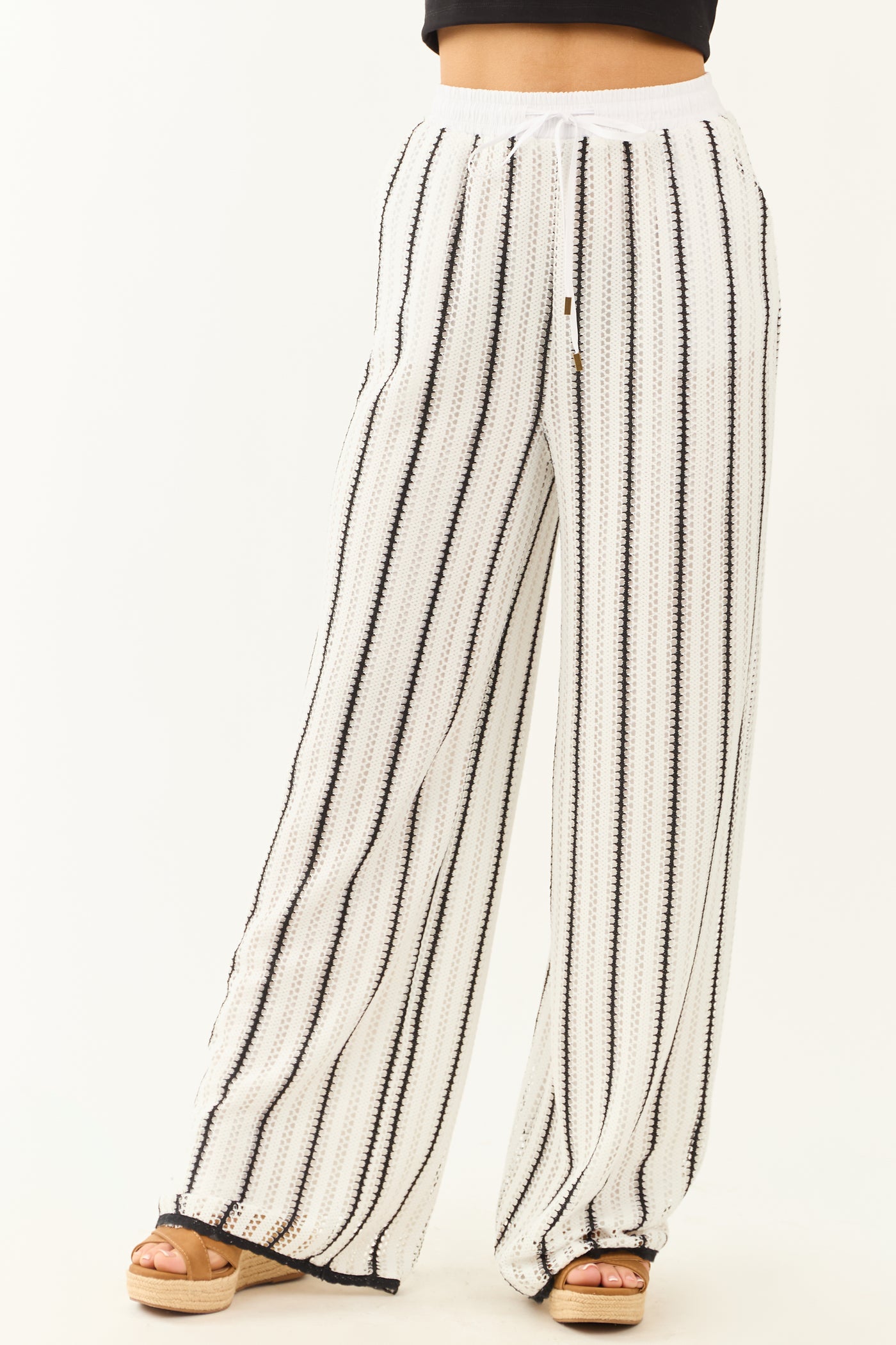 Off White and Black Striped Crochet Knit Pants