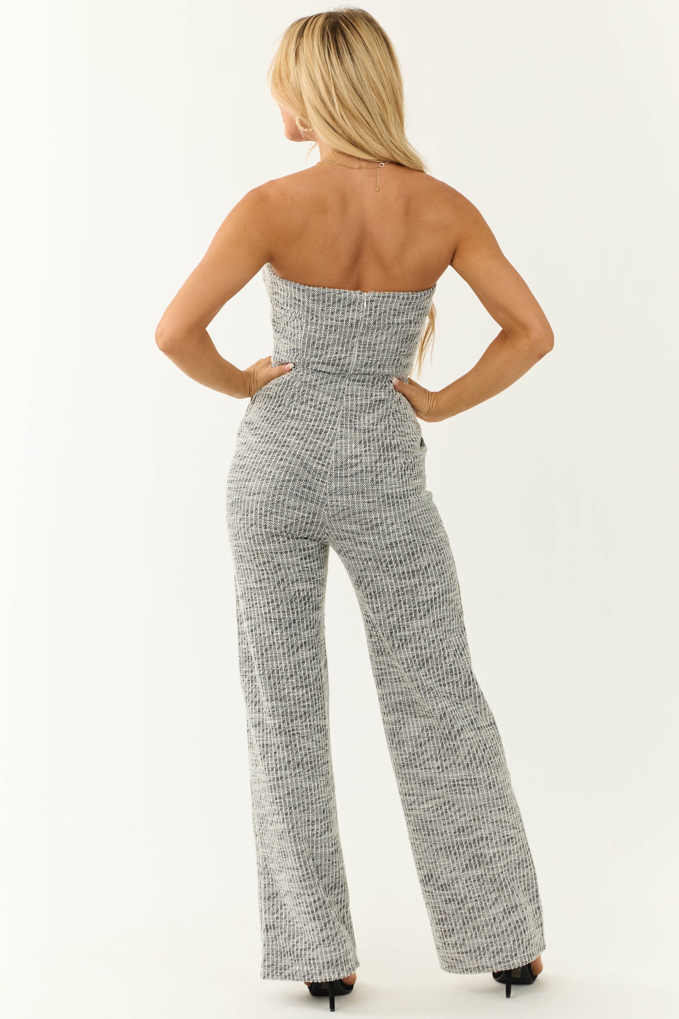 Off White and Black Tweed Strapless Jumpsuit