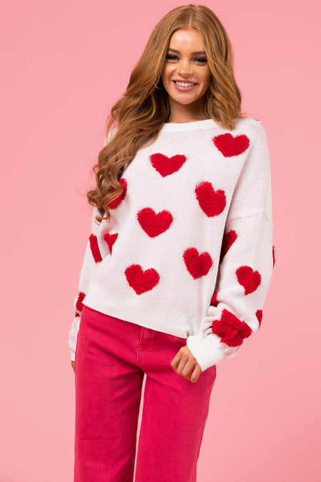 Off White and Cherry Heart Pattern Sweater