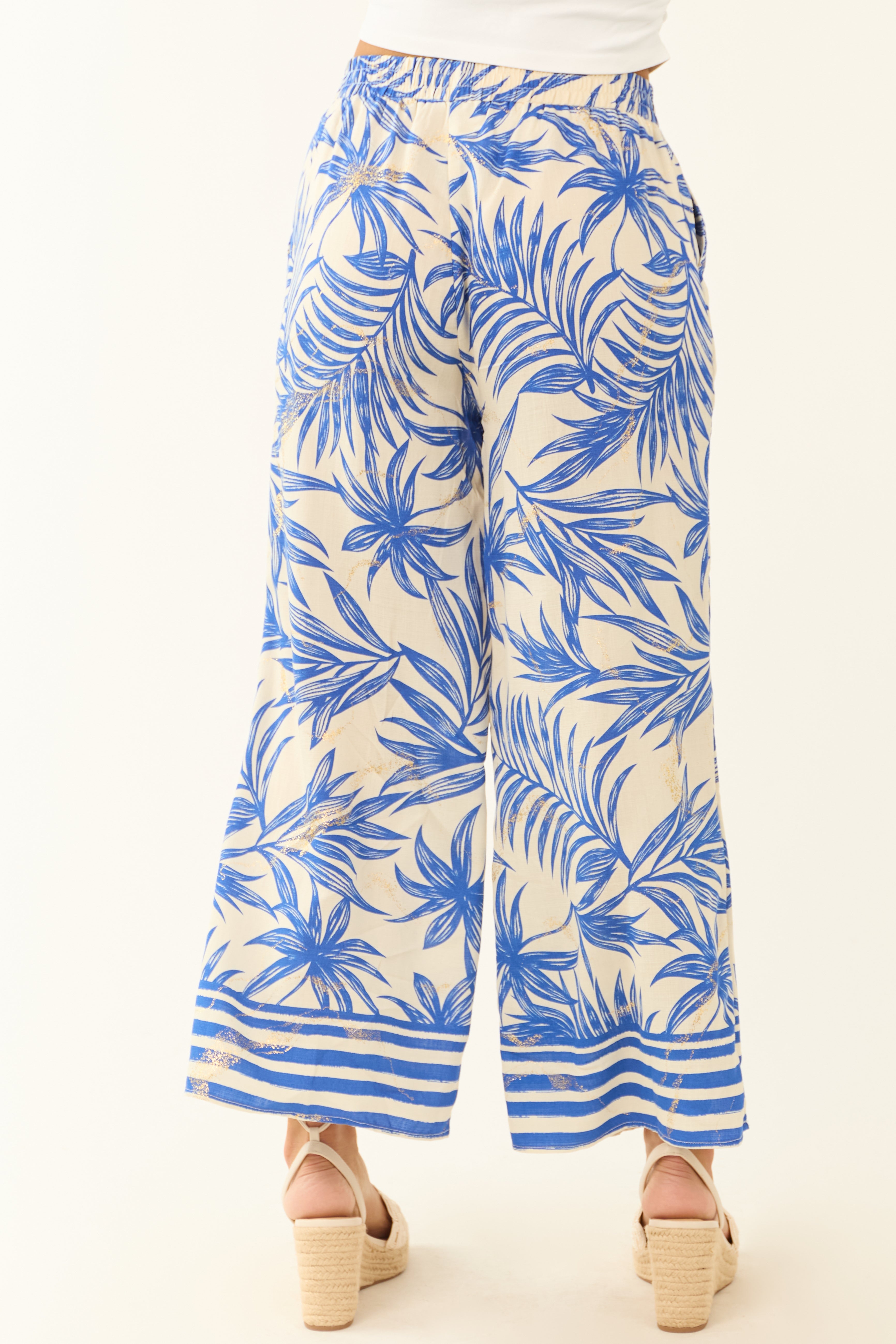 Off White and Cobalt Tropical Print Cropped Pants