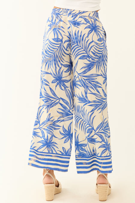 Off White and Cobalt Tropical Print Cropped Pants