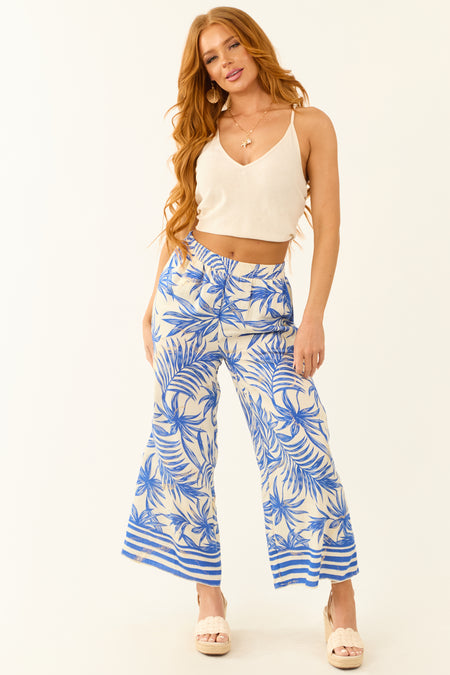 Off White and Cobalt Tropical Print Cropped Pants