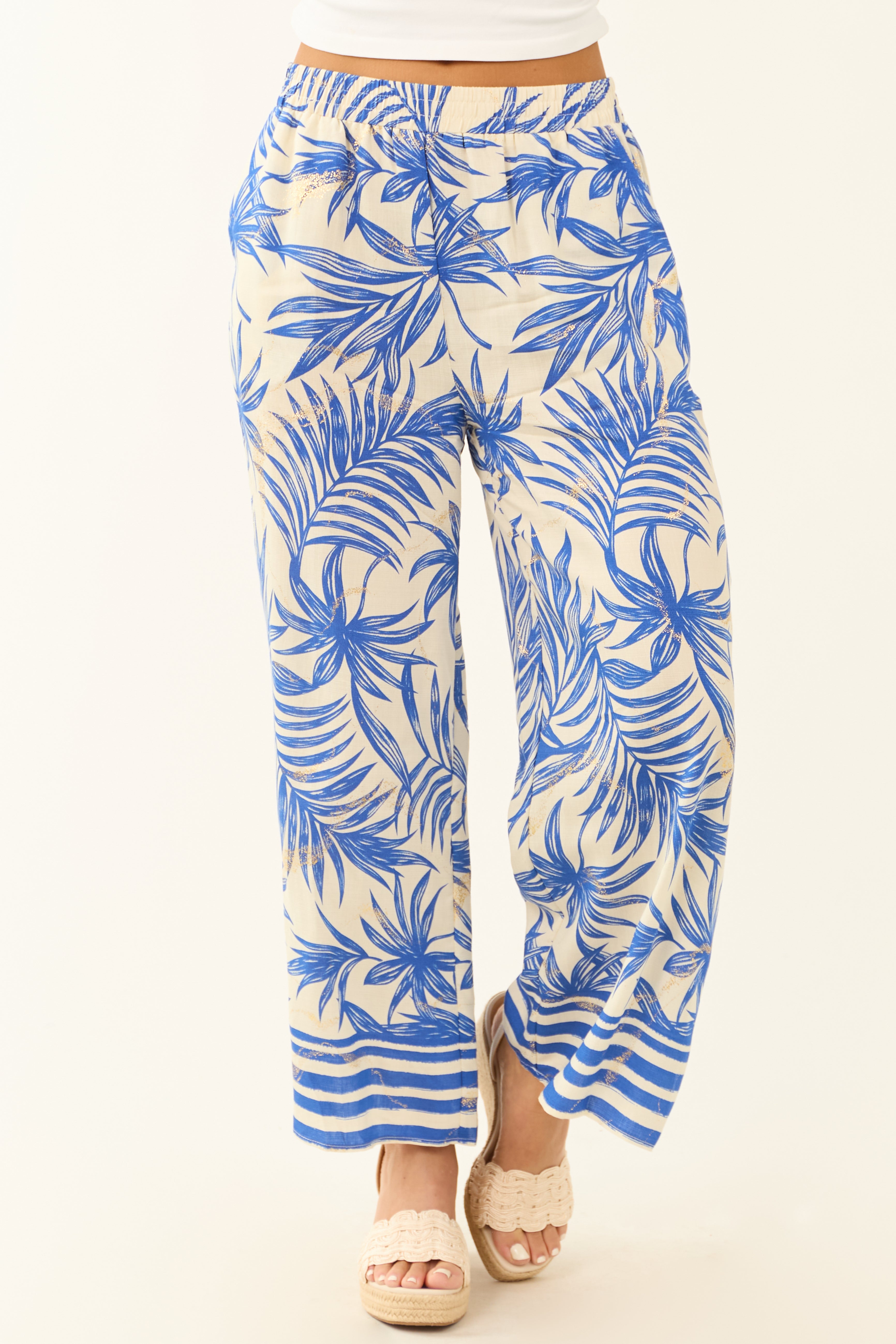 Off White and Cobalt Tropical Print Cropped Pants