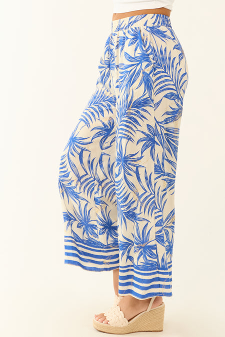 Off White and Cobalt Tropical Print Cropped Pants