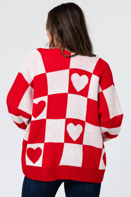 Off White and Lipstick Heart Checkered Cardigan