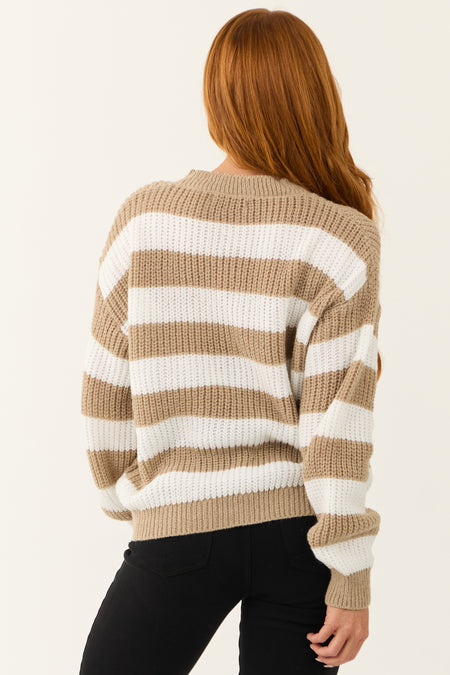 Off White and Peanut Striped Long Sleeve Sweater