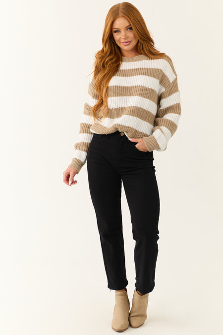 Off White and Peanut Striped Long Sleeve Sweater