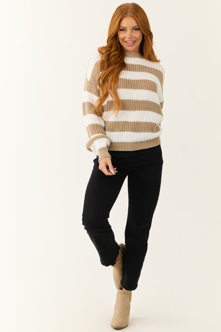 Off White and Peanut Striped Long Sleeve Sweater