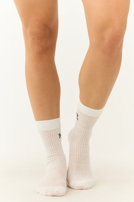 Off White Bow Print Mid Calf Socks