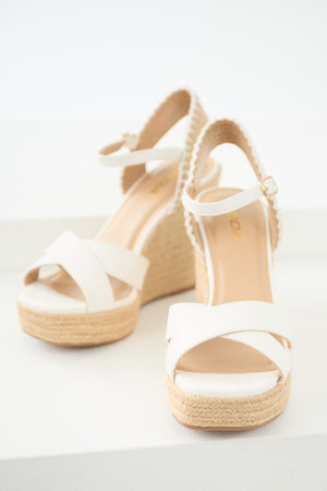 Off White Cross Strap Platform Espadrille Wedges