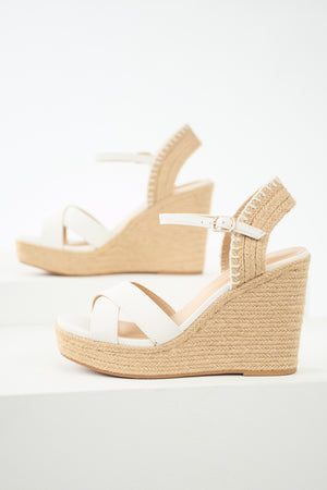 Off White Cross Strap Platform Espadrille Wedges