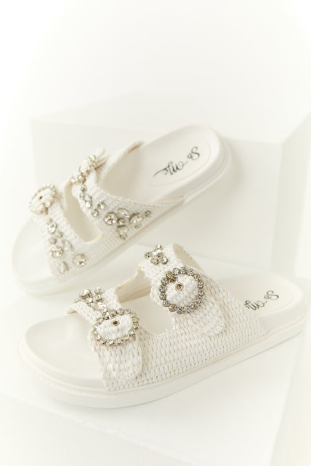 Off White Rhinestone Woven Strap Sandals