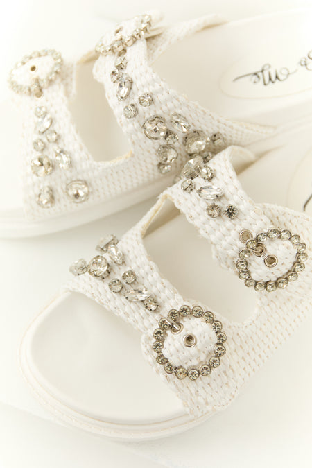 Off White Rhinestone Woven Strap Sandals