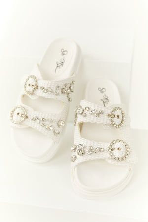 Off White Rhinestone Woven Strap Sandals