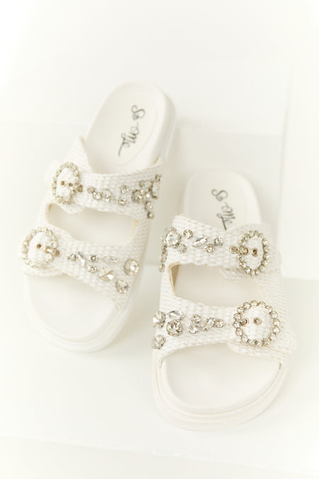 Off White Rhinestone Woven Strap Sandals