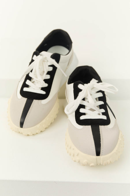 Off White and Black Lace Up Fashion Sneakers