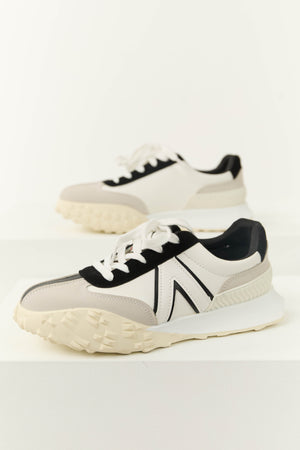 Off White and Black Lace Up Fashion Sneakers