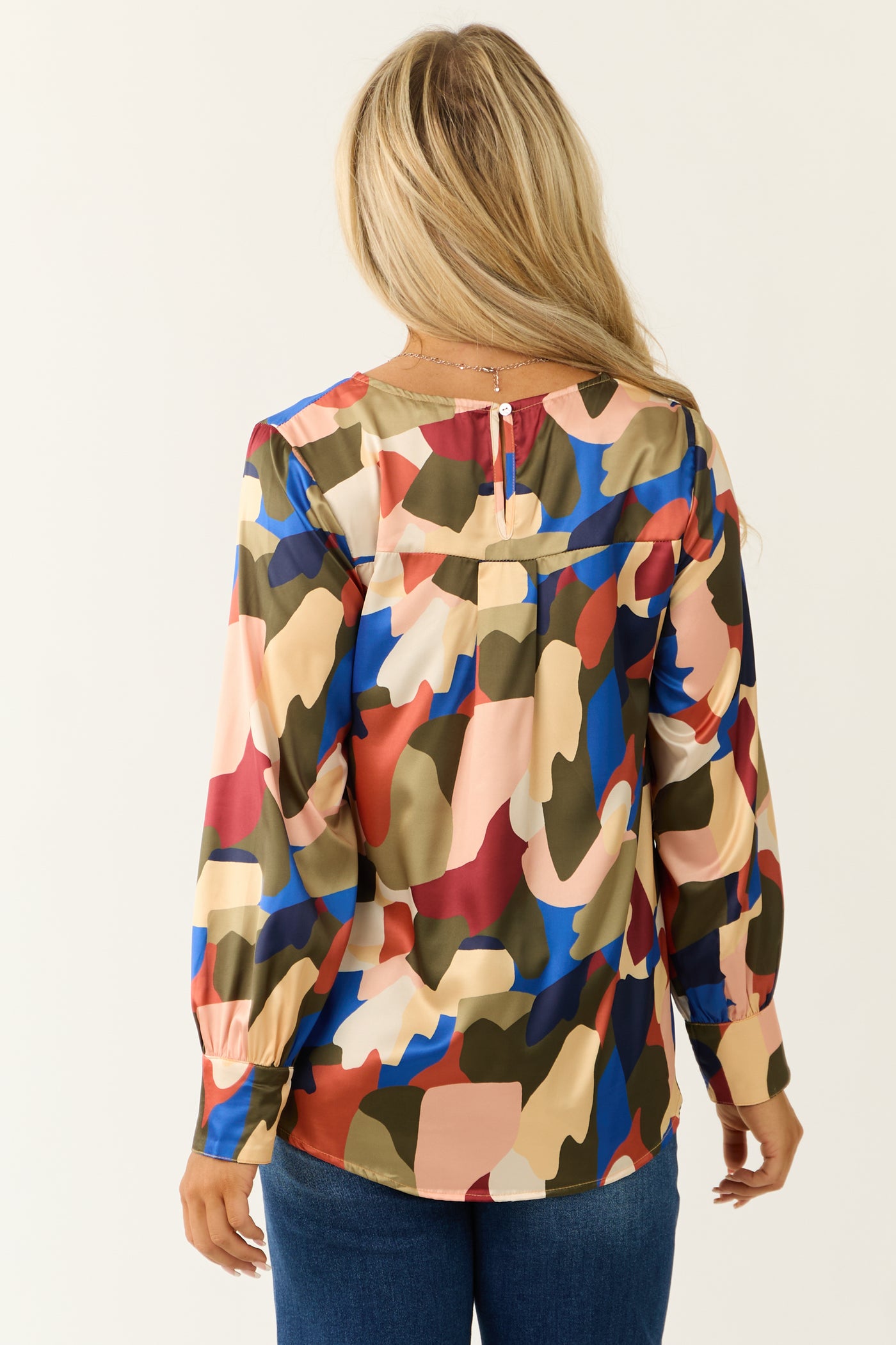 Olive Abstract Print Satin Long Sleeve Blouse