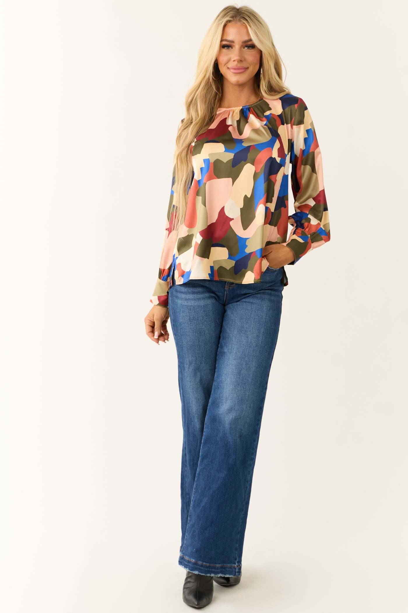 Olive Abstract Print Satin Long Sleeve Blouse