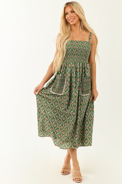Olive Abstract Print Sleeveless Smocked Midi Dress