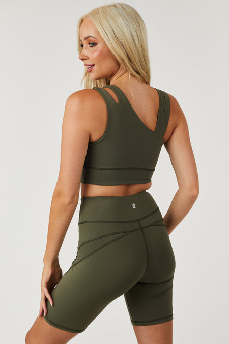 Olive Asymmetrical Crop Top and Shorts Set