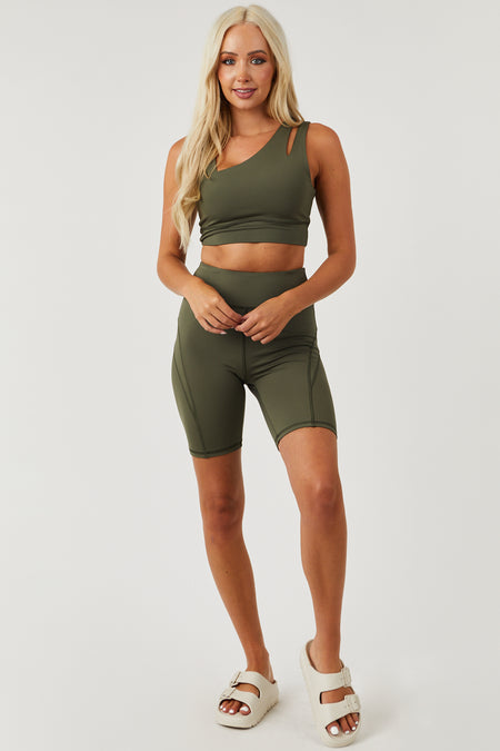 Olive Asymmetrical Crop Top and Shorts Set