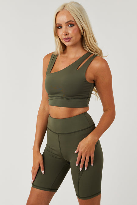 Olive Asymmetrical Crop Top and Shorts Set