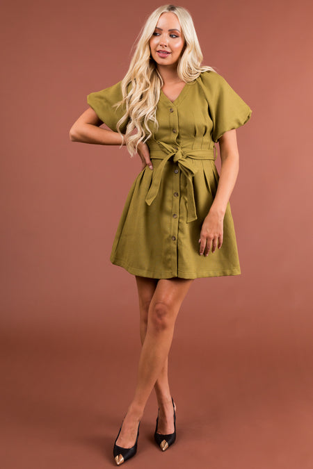 Olive Button Down Belted Short Dress