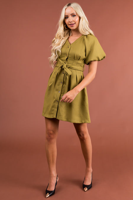 Olive Button Down Belted Short Dress