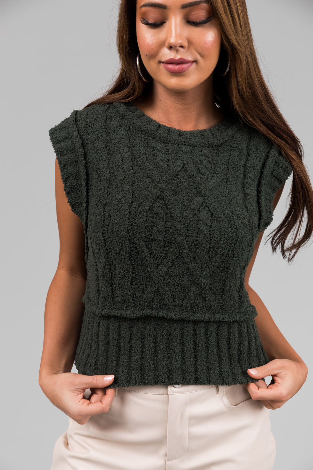 Olive Cable Knit Cropped Fuzzy Sweater Vest | Lime Lush