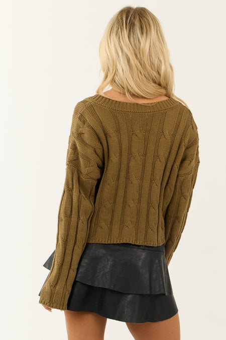 Olive Cable Knit V Neckline Cropped Sweater