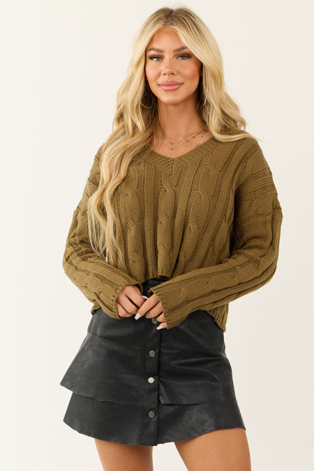 Olive Cable Knit V Neckline Cropped Sweater