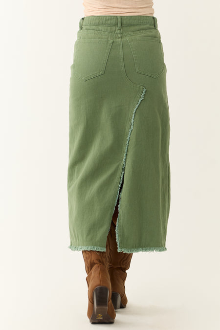 Olive Denim Frayed Hem Slits Midi Skirt