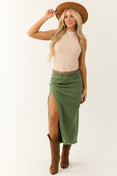 Olive Denim Frayed Hem Slits Midi Skirt