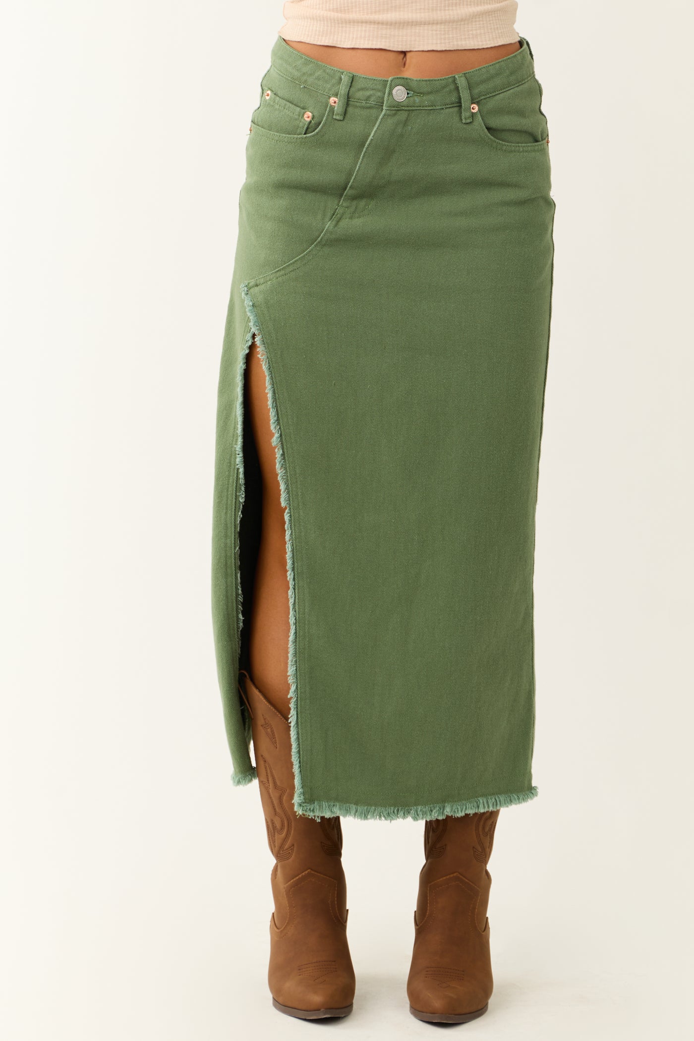 Olive Denim Frayed Hem Slits Midi Skirt