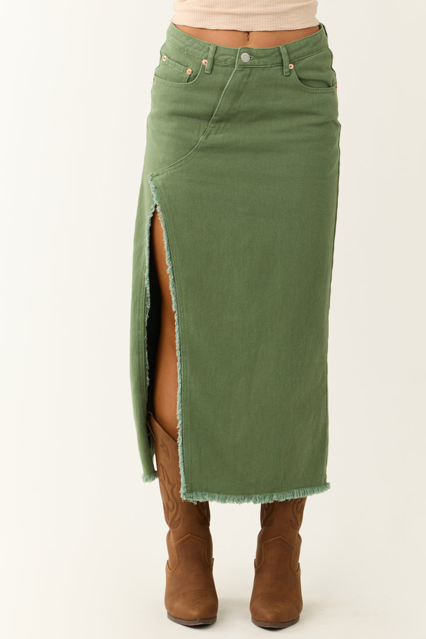 Olive Denim Frayed Hem Slits Midi Skirt