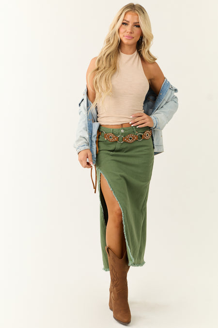 Olive Denim Frayed Hem Slits Midi Skirt