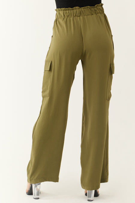 Olive Elastic Paperbag Waist Drawstring Cargo Pants