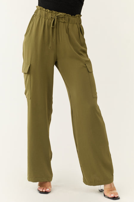 Olive Elastic Paperbag Waist Drawstring Cargo Pants