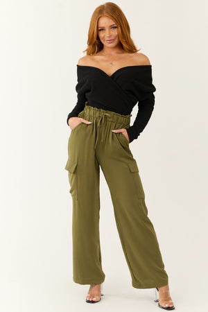 Olive Elastic Paperbag Waist Drawstring Cargo Pants