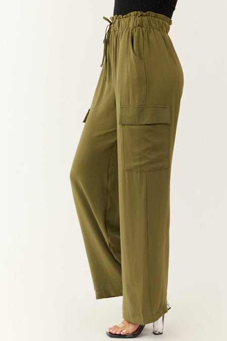 Olive Elastic Paperbag Waist Drawstring Cargo Pants