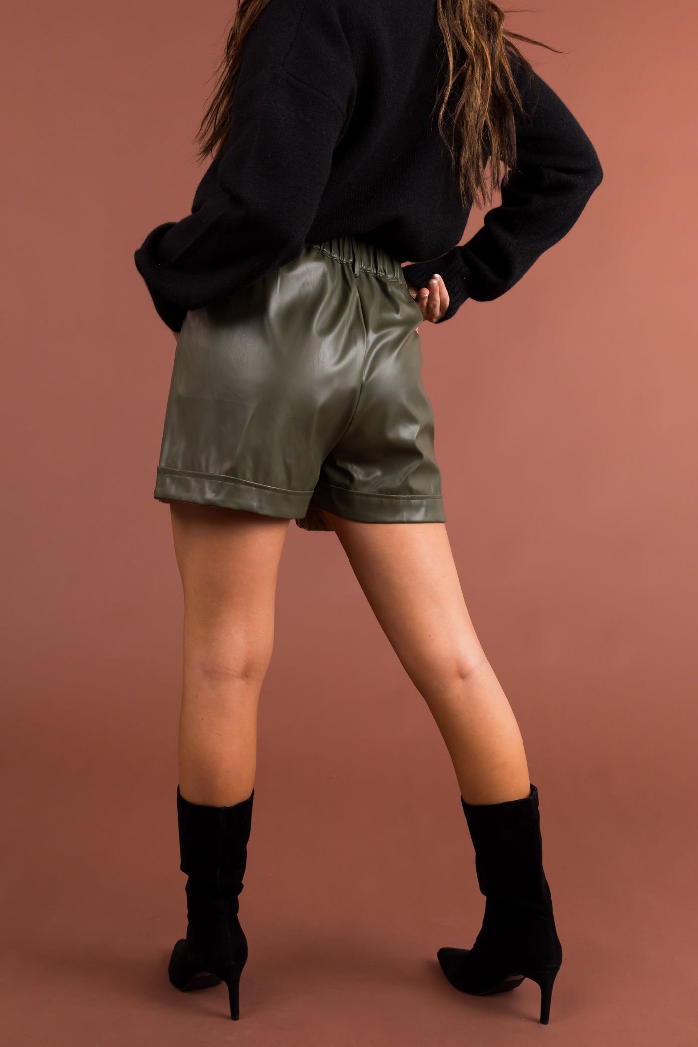 Olive Elastic Waist Faux Leather Shorts