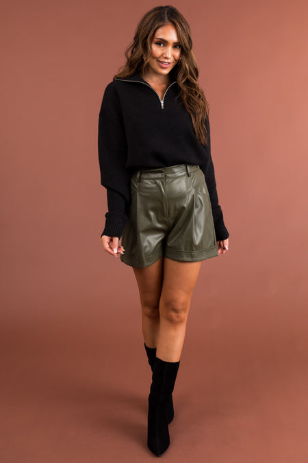 Olive Elastic Waist Faux Leather Shorts