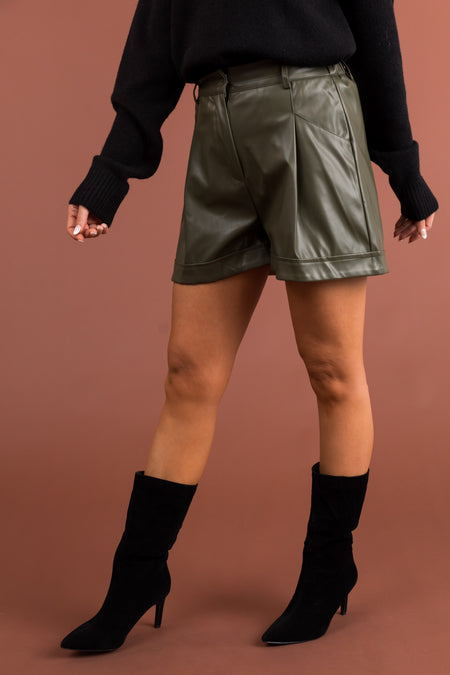 Olive Elastic Waist Faux Leather Shorts