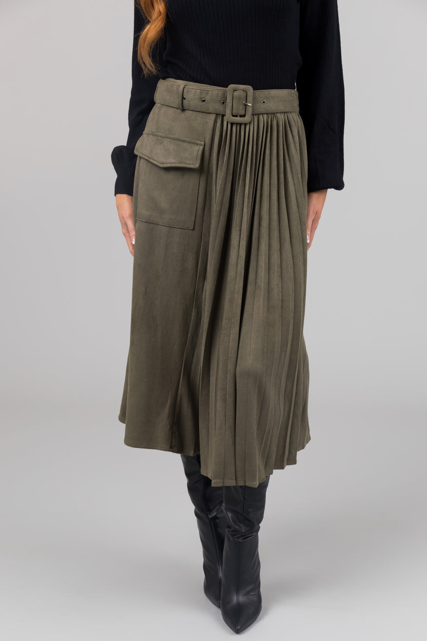 Olive Faux Suede Pleated Midi Skirt with Belt