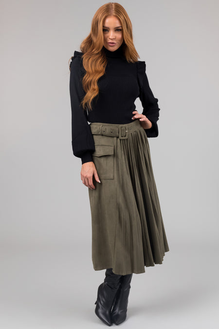 Olive Faux Suede Pleated Midi Skirt with Belt